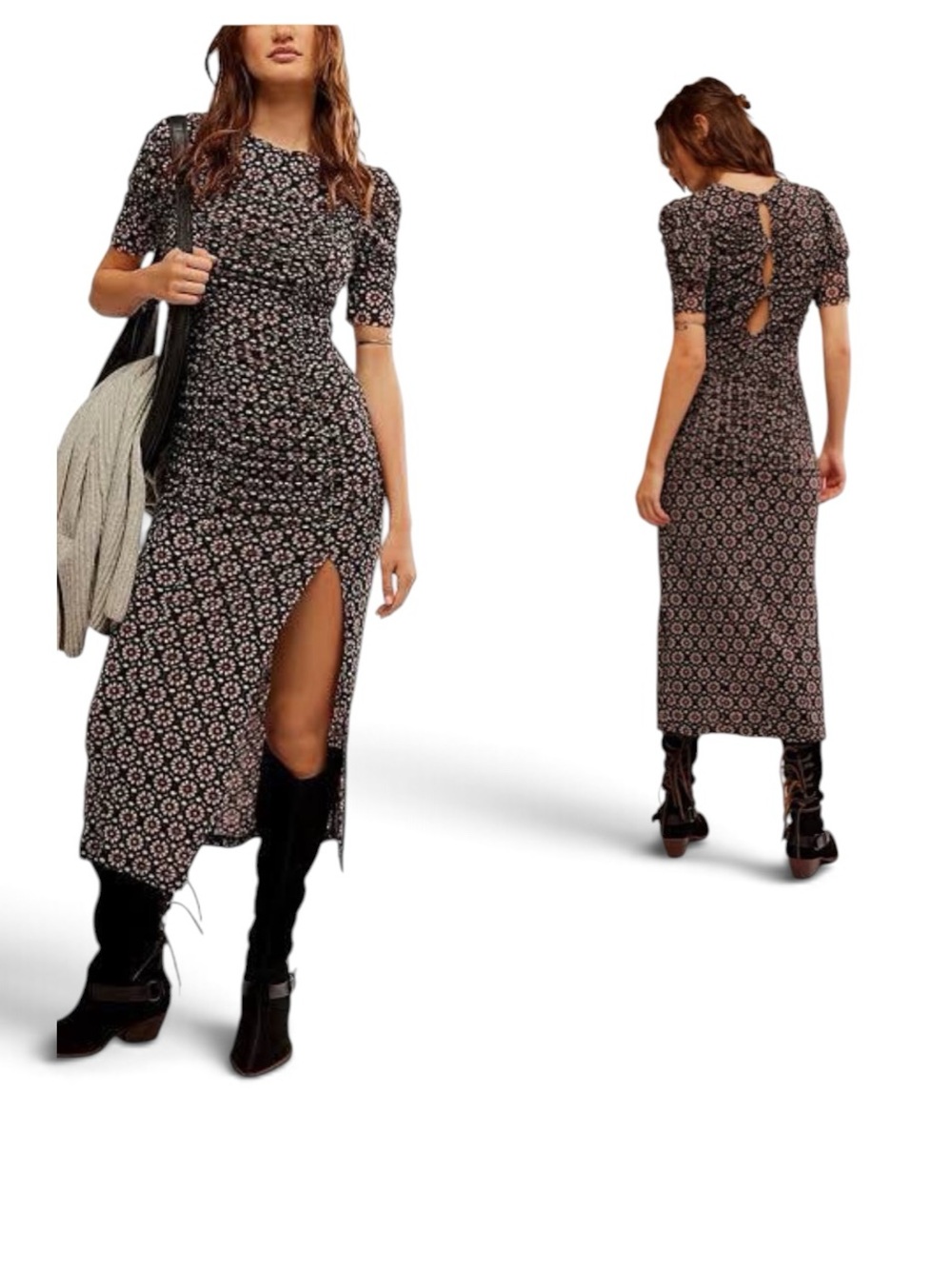 Free People Briella Floral Ruched Mesh Midi Dress Boho Cottagecore XS NWT